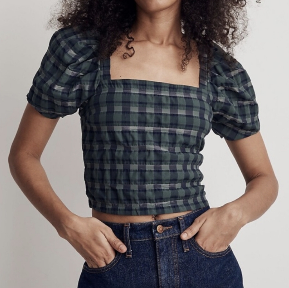 Madewell Hopewell Puff-Sleeve Smocked Plaid Top